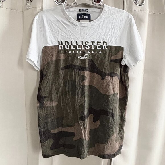 Hollister Mens Y2K Shirt Camo Logo Large Embroidered Spell Out Preppy Crew 18832 - Picture 1 of 7